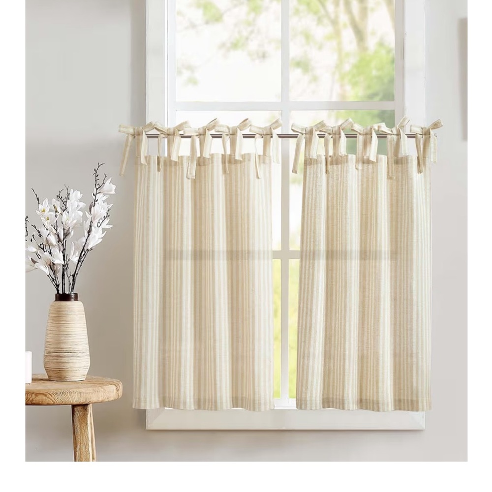Tie-Top Sheer Kitchen Curtain Panel in Cream